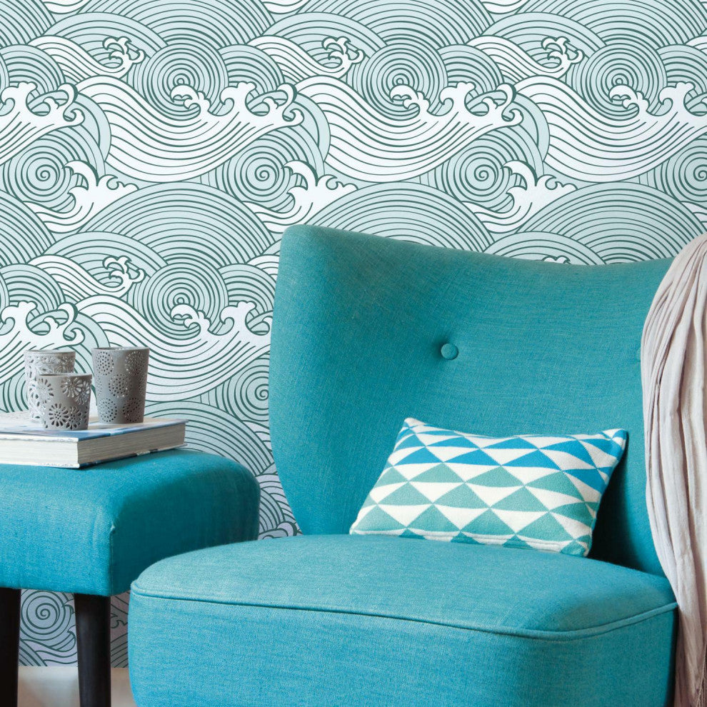 Teal & White Asian Waves Peel & Stick Wallpaper