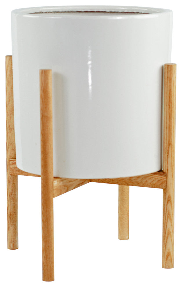 Mid Century Large Planter Ceramic Cylinder Pot 13" White With Plant Stand