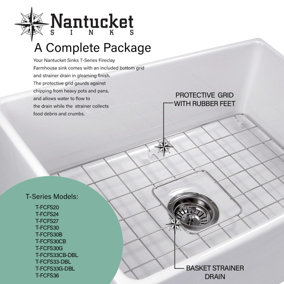 Nantucket Sinks 36" Farmhouse Fireclay Sink with Offset Drain and Grid