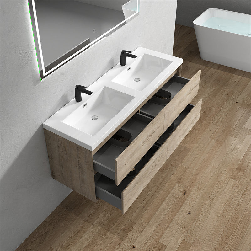 Ashley 60'' Floating Vanity, Acrylic Top, Double Sink, Light Oak