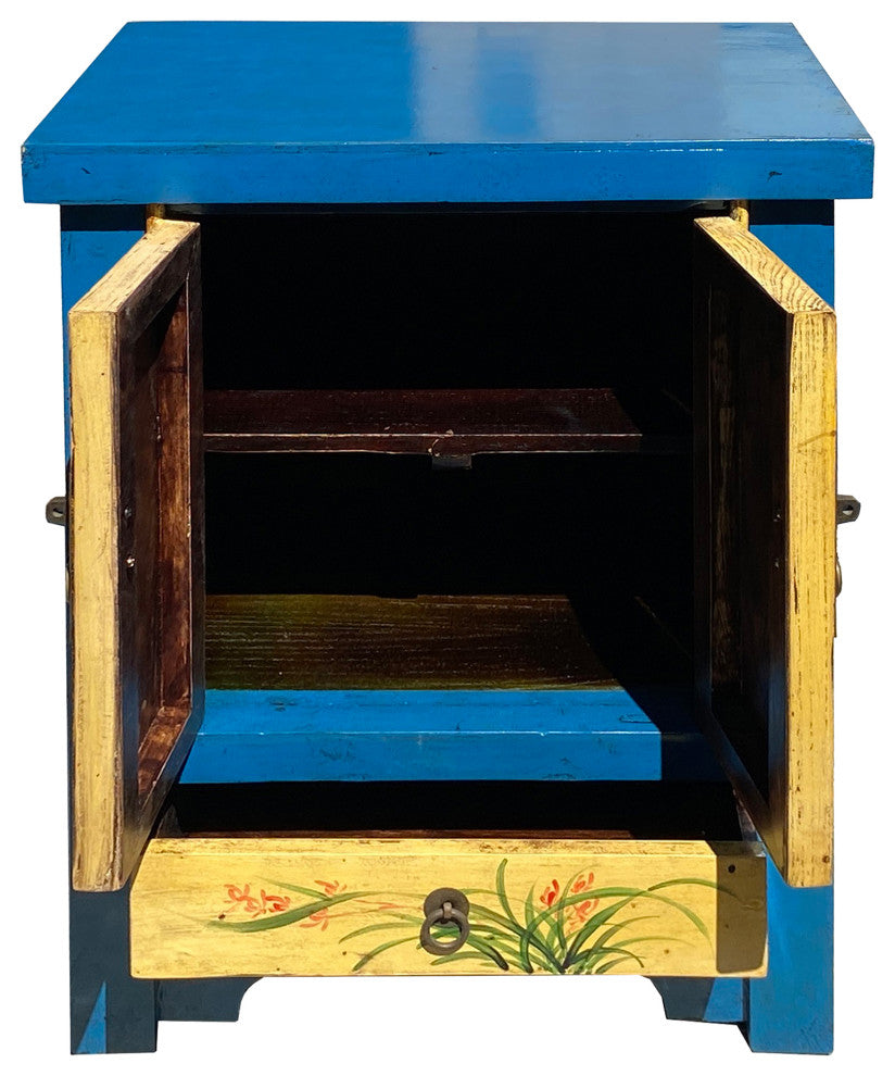 Chinese Rustic Bright Blue Yellow Graphic End Table Nightstand Hcs7355