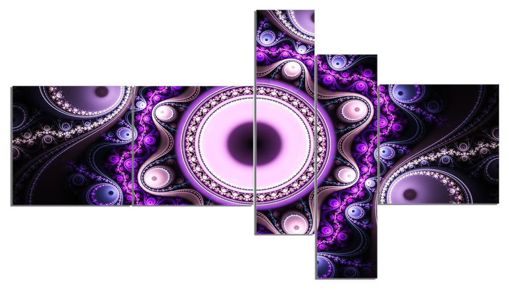 Bright Fractal Circles and Waves, Abstract Canvas Art Print, 60"x32", 5 panels