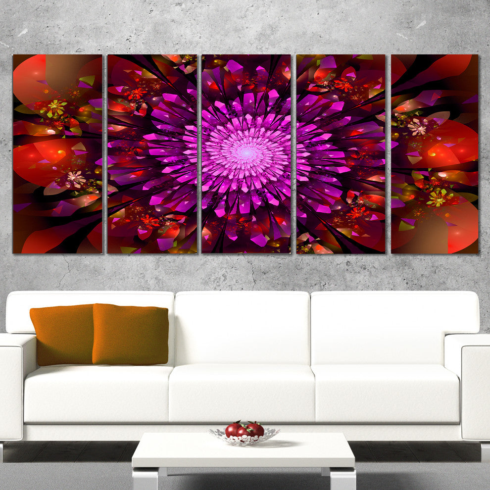 Purple Glowing Crystals In Space, Floral Canvas Print, 60"x28", 5 Panels
