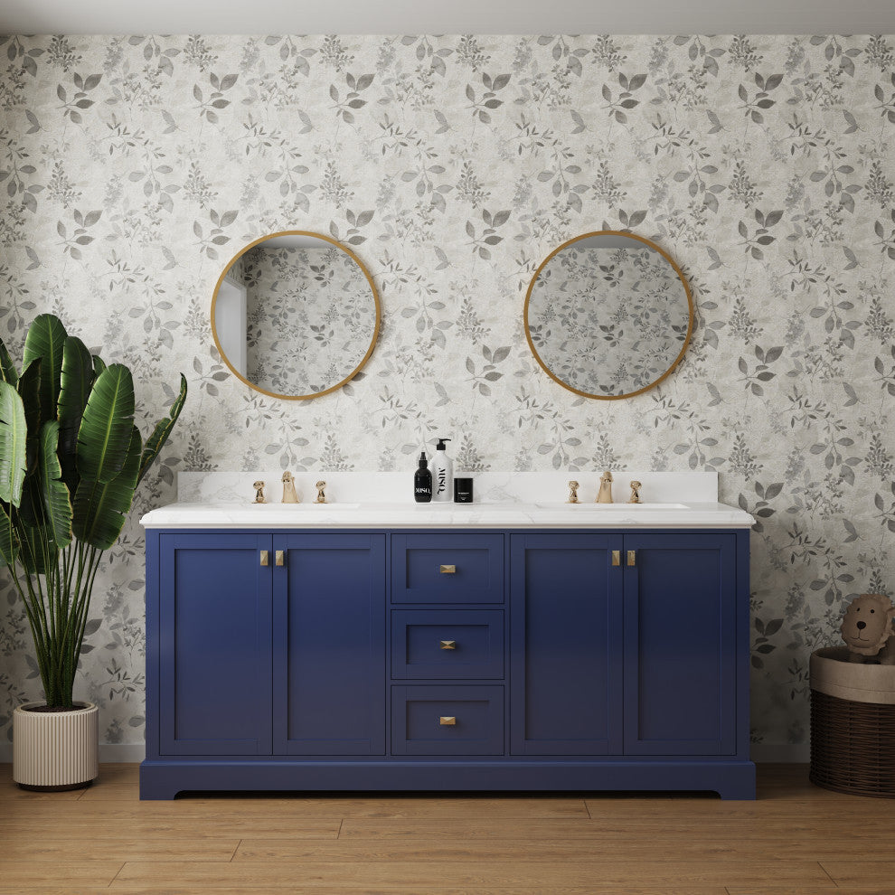 Freestanding Double Bathroom Vanity with White Carrara Marble Top, Navy Blue, 72"