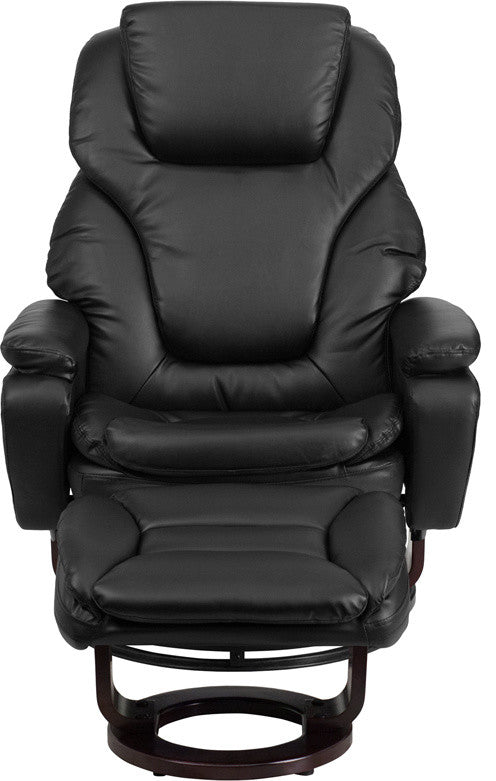 Leather Recliner and Ottoman, Mahogany Wood Base, Black Leather