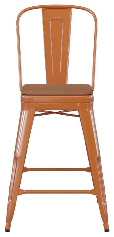 Kai Commercial Grade 24" Metal Indoor-Outdoor Counter Stool w/Removable Seat, Orange/Teak