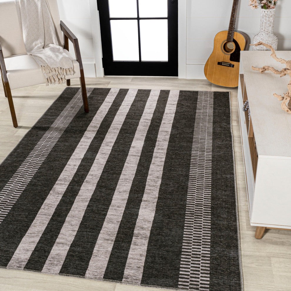 Vichy Geometric Striped Machine-Washable Area Rug, Black/Ivory, 8x10