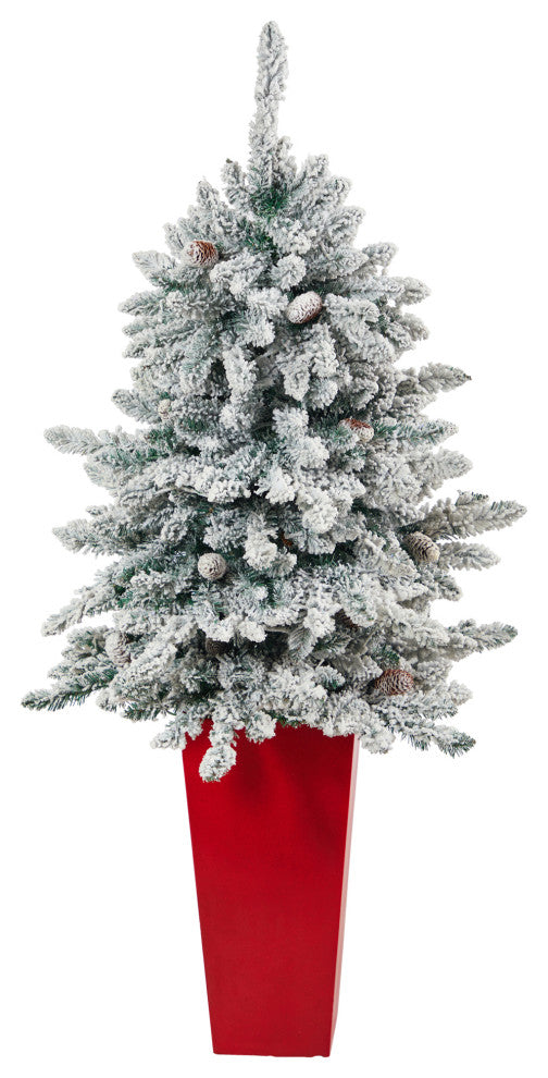 4.5' Flocked Livingston Fir Faux Xmas Tree W/Pinecones & Lights, Tall Planter