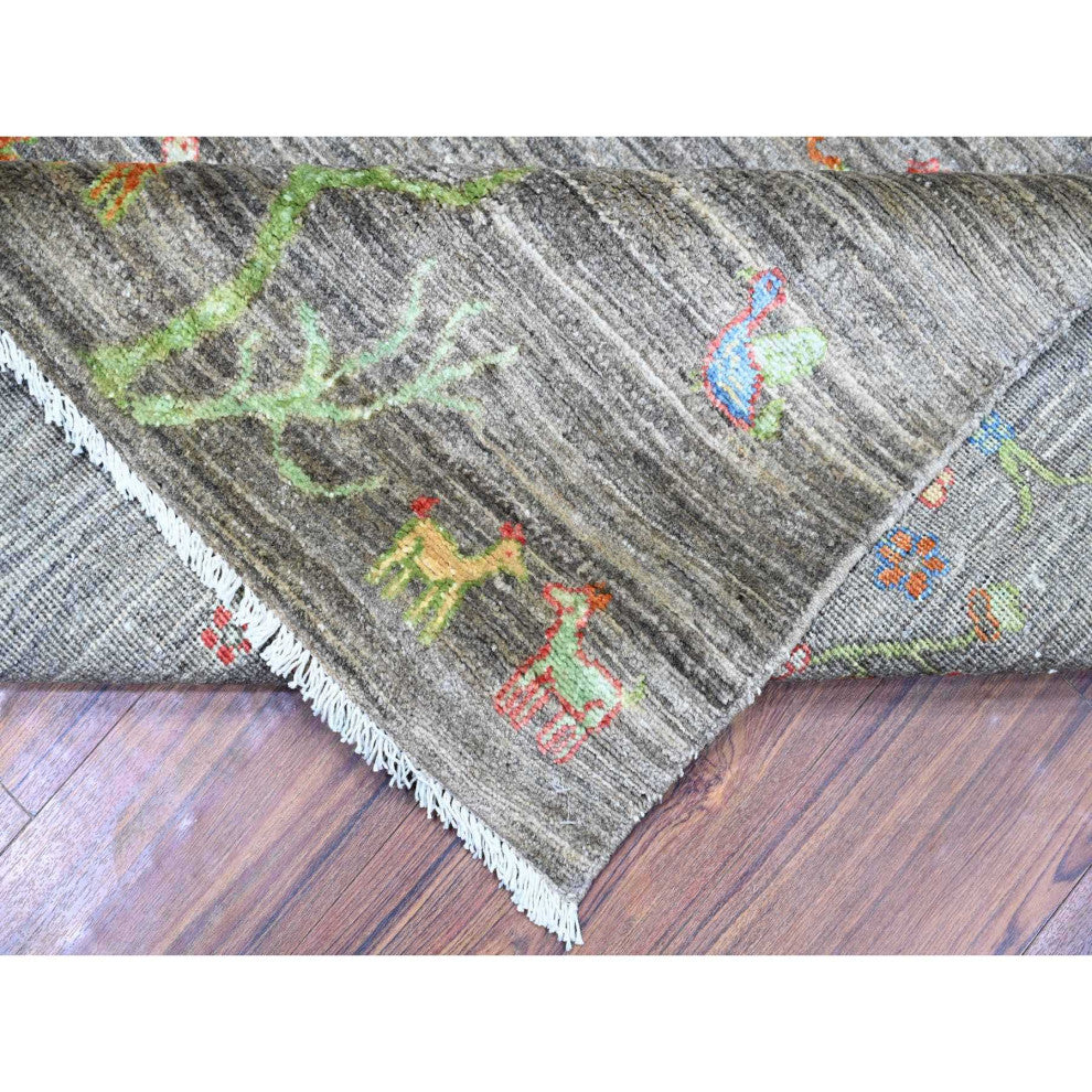Wolf Gray Folk Art Willow Cypress Tree Design Wool Hand Knotted Rug 7'11"x9'5"