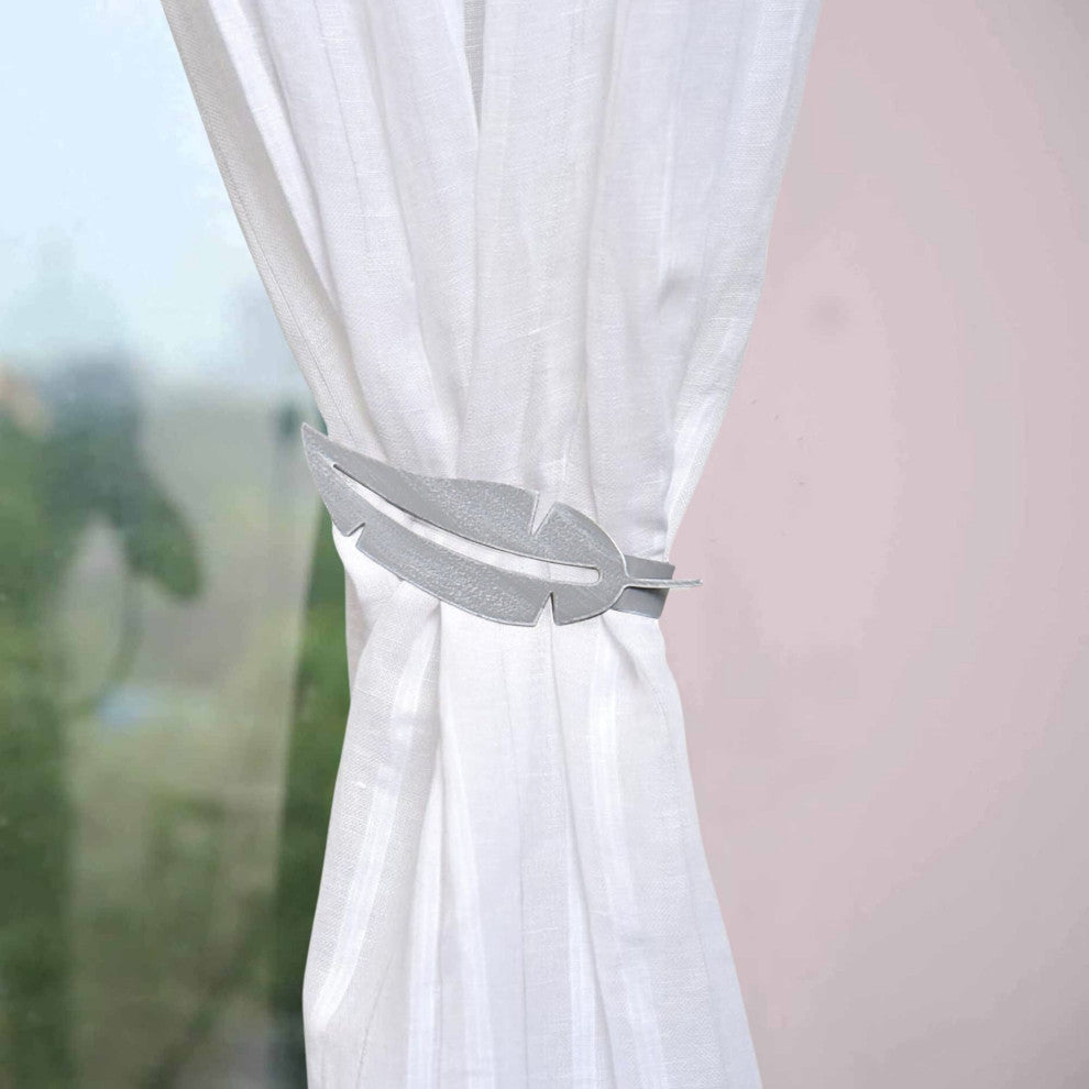 Metal Feather Curtain Tiebacks with Magnetic Closure "“ No Installation Needed, Gray, Pack of 2