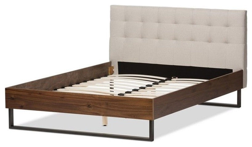 Mitchell Walnut Wood Beige Fabric Dark Bronze Metal King Platform Bed