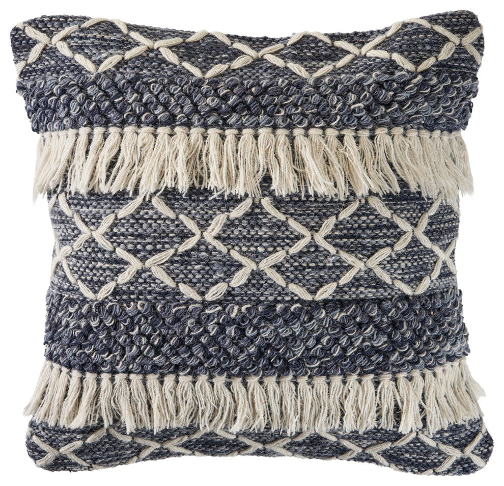 Navy and Ivory Textured with Fringe Throw Pillow