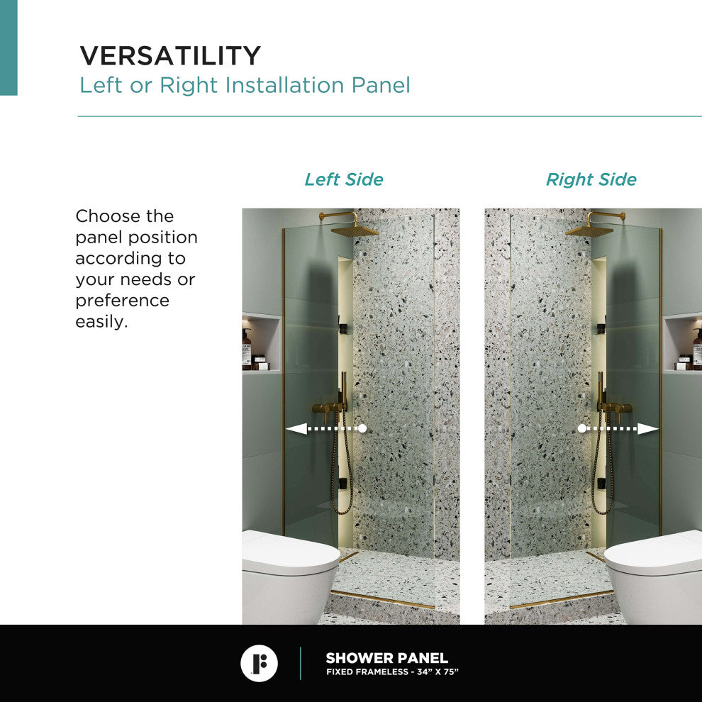 Single Fixed Glass Shower Panel - Clear Tempered Frameless Shower Glass Door, Satin Brass, 34"