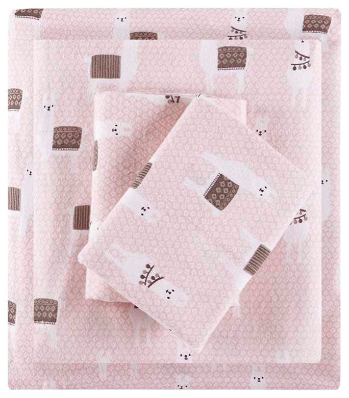 Intelligent Design Cozy Soft Cotton Flannel Printed Sheet Set, Pink Llamas