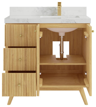 Pasadena 36 Right Offset  Bath Vanity in Light Natural Teak 2" Calacatta Nuvo