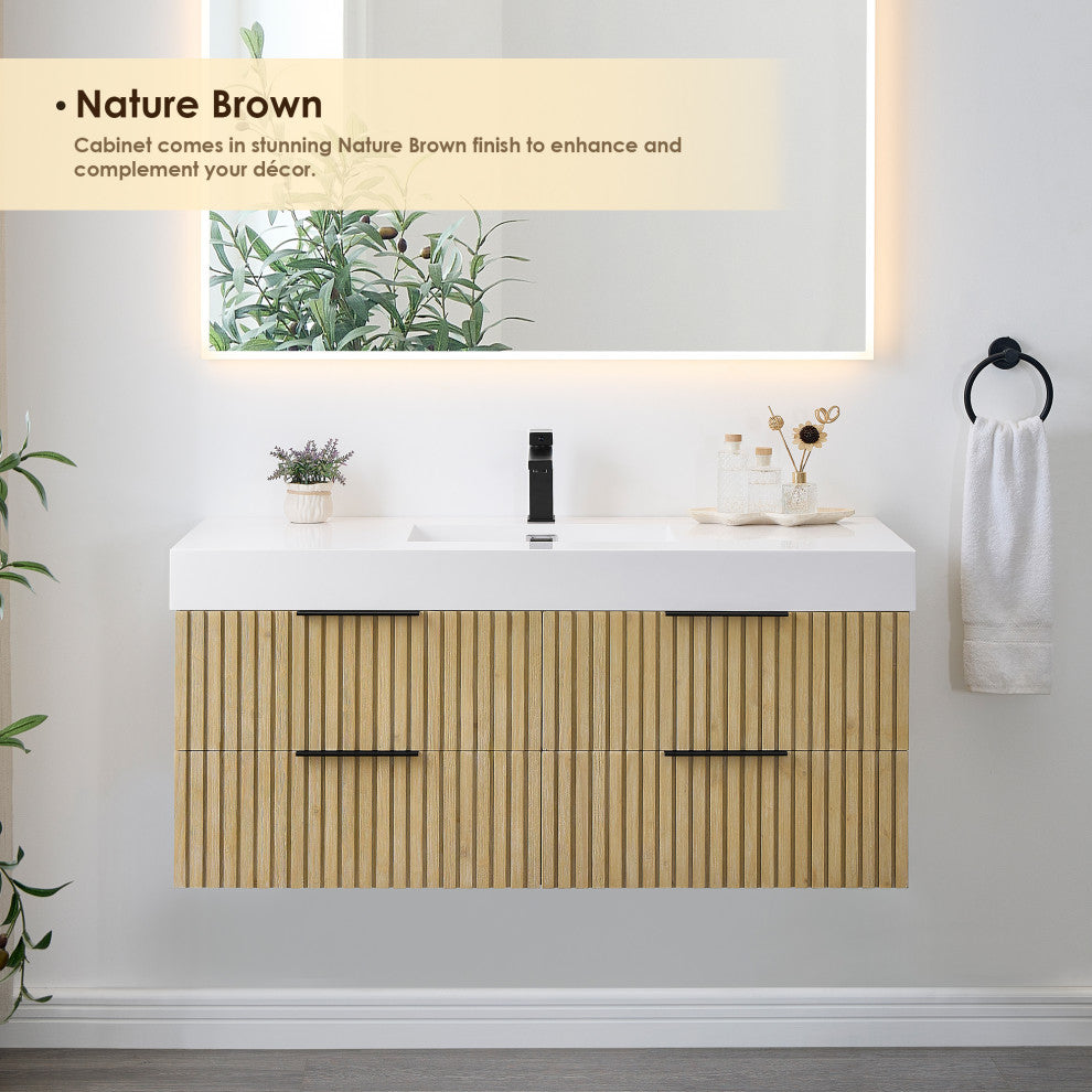 Livia Wall-mounted Bathroom Vanity, Nature Brown, 48inch, No Mirror