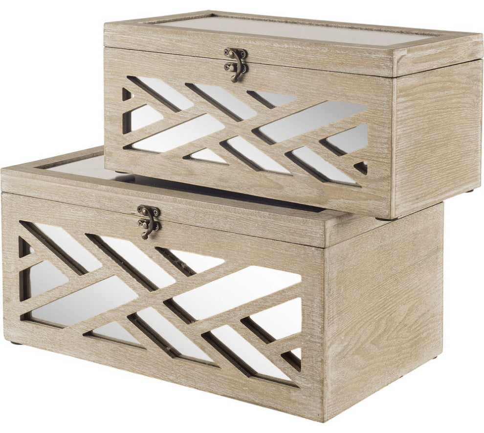 Set of Two Off White Mirrored Wooden Boxes