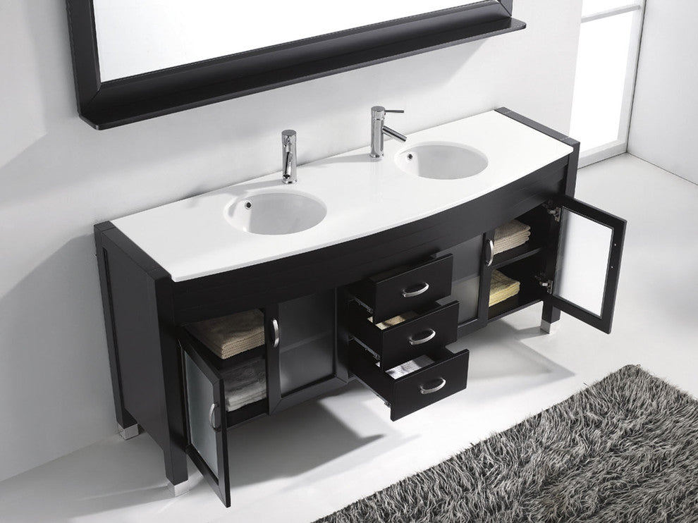 Virtu Ava 71" Double Bathroom Vanity, Espresso, Brushed Nickel Faucet, Mirror