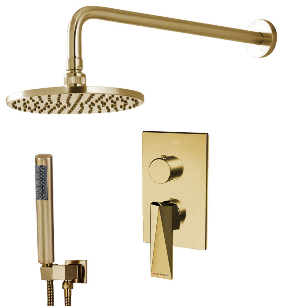 Bravat Wall Mounted Shower Set, Valve Mixer 2-Way Concealed, Brushed Gold