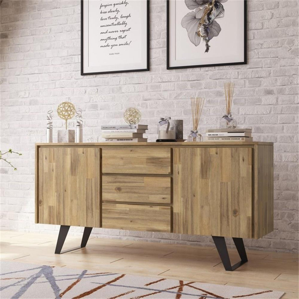 Lowry Solid Acacia Wood Sideboard Buffet In Distressed Golden Wheat