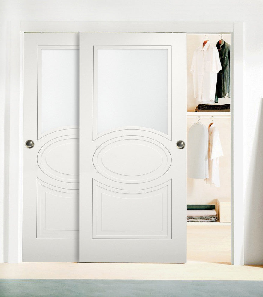 Sliding Closet Glass Bypass Doors / Mela 7012 Matte White / Rails, 36" X 96" ( 2* 18x96)