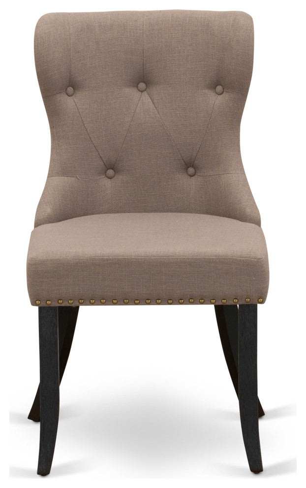 Set Of 2, Dining Chair- Upholstered, Black Wooden Frame, Coffee Seat
