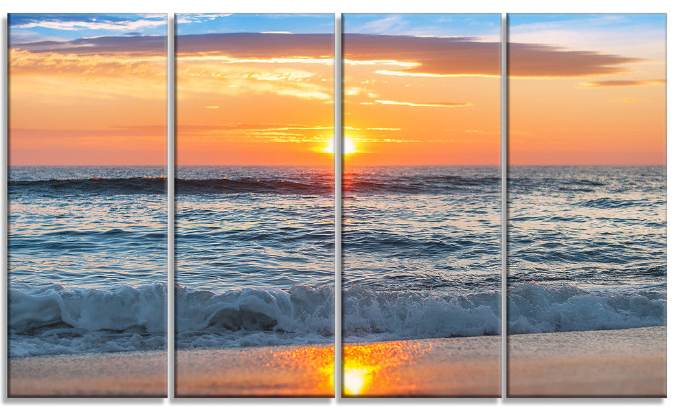 "Beautiful Sunrise Over The Horizon." Modern Beach Wall Art, 4 Panels, 48"x28"