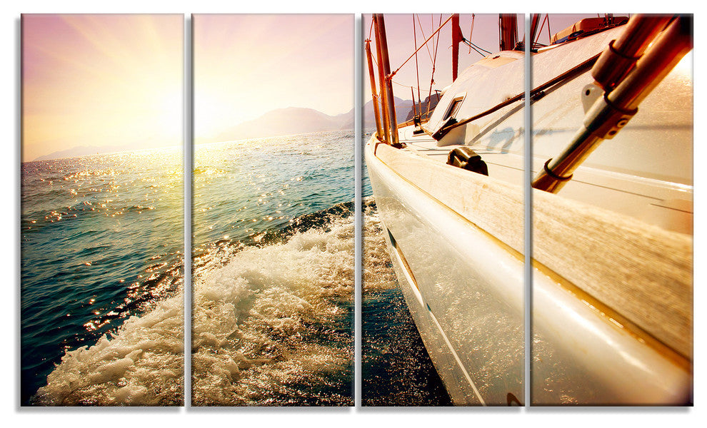 "Huge Yacht Sailing Against Sunset" Sea Pier Wall Art, 4 Panels, 48"x28"