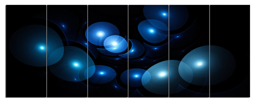 Bright Blue 3D Surreal Circles, Abstract Art on Canvas, 70"x28", 6 Panels