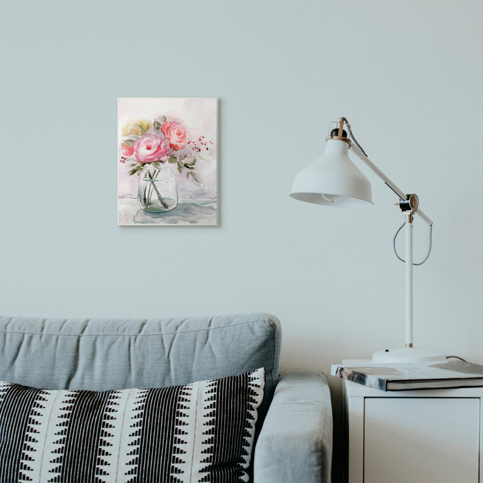 Flower Jar Pink Green Watercolor Painting, 10"x15", Wood Art