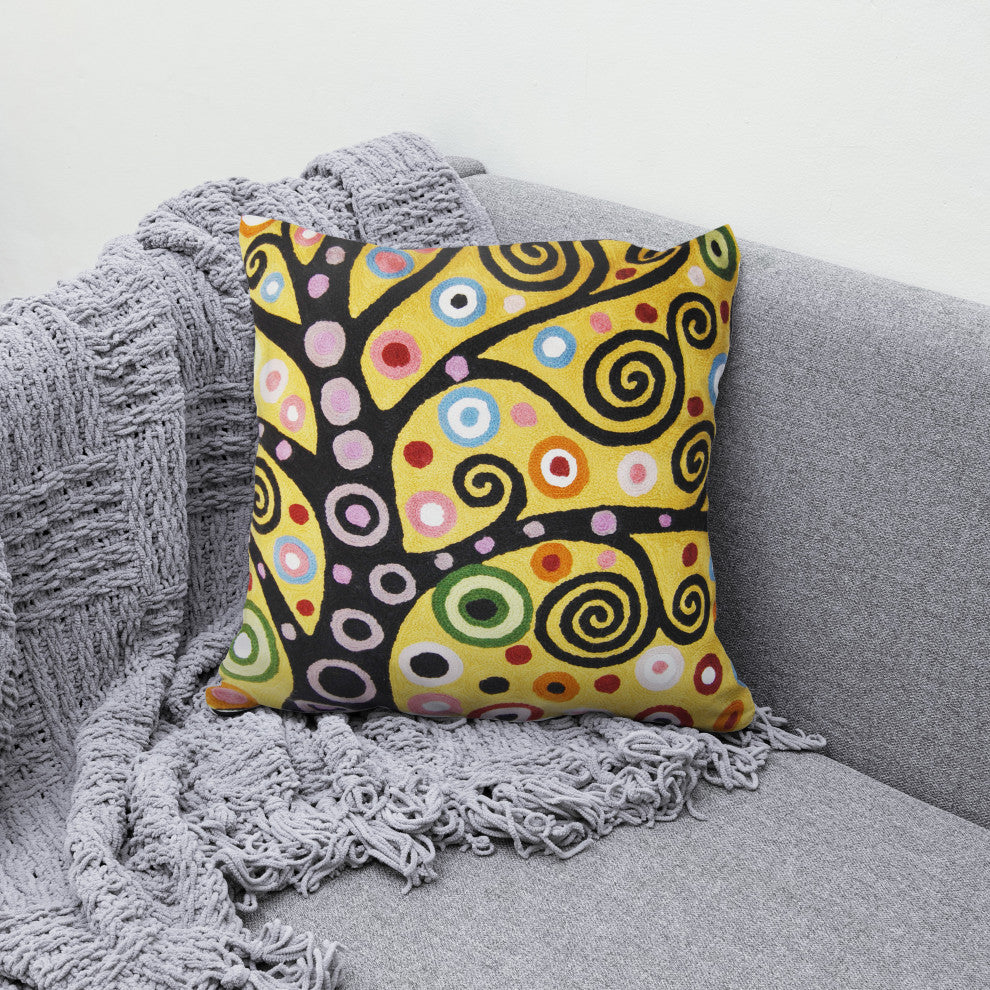Klimt Yellow Pillow Cover Chair Soulful Tree of Life Hand Embroidered Wool 18x18