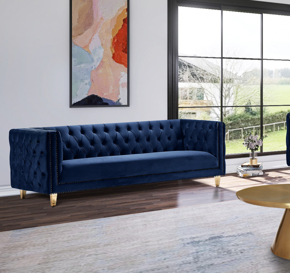 Michelle Fabric Upholstered Chair, Gold Iron Legs, Navy, Velvet, Sofa