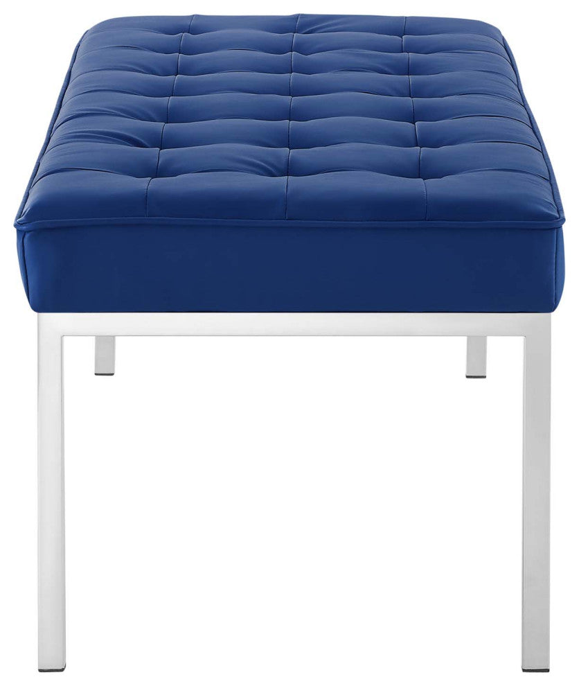 Modern Accent Chair Bench, Faux Vinyl Leather Metal Steel, Grey Gray Silver, Navy