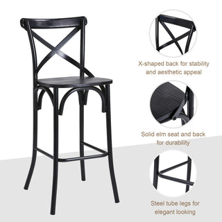 Black Steel Bar Stool With Solid Elm Wood Seat and Back Support, Set of 2