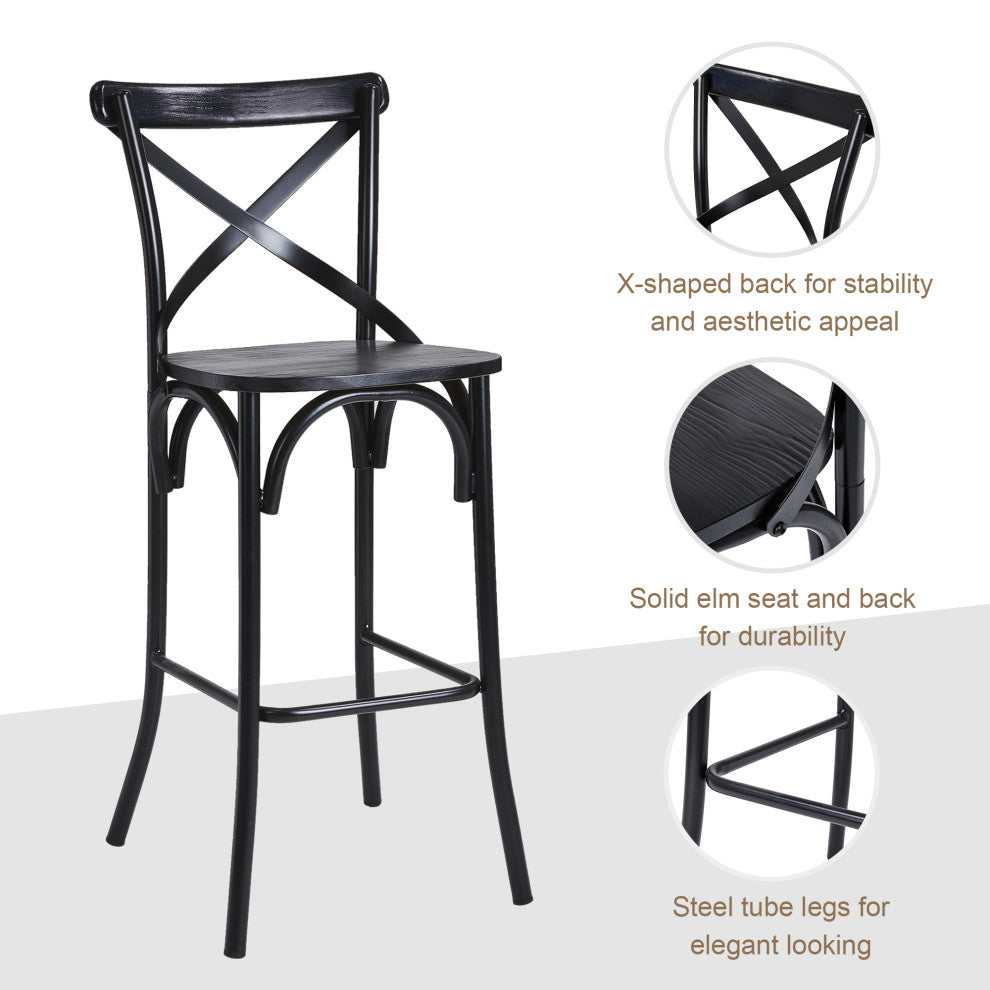 Black Steel Bar Stool With Solid Elm Wood Seat and Back Support, Set of 2