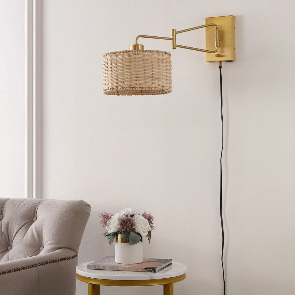 Safavieh Bramley Wall Sconce Set of 2 With USB Port Brass/Natural Rattan