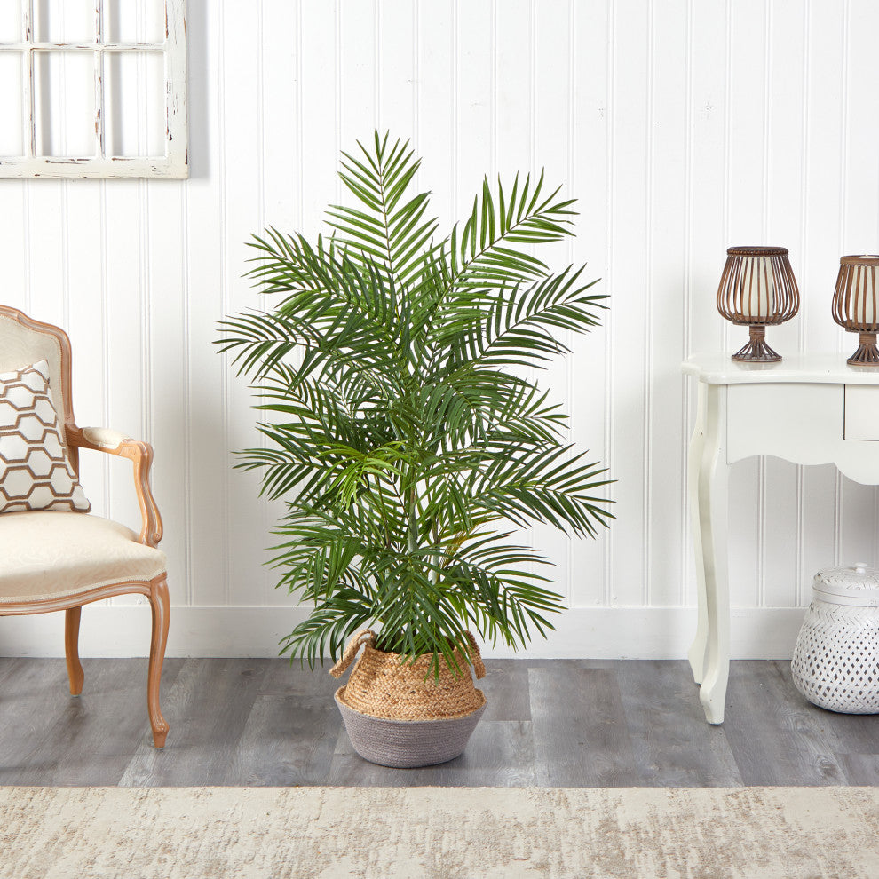 4' Areca Faux Palm Branches, Boho Chic Handmade Cotton & Jute Gray Woven Planter