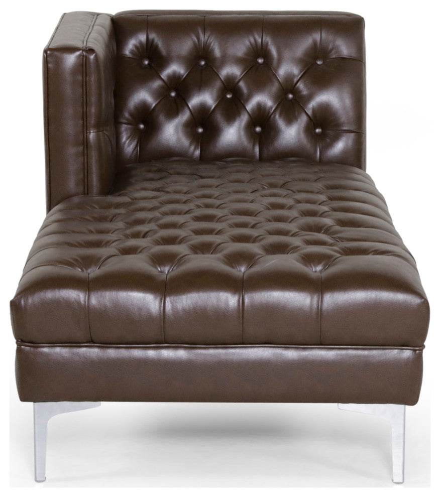 Bluffton Contemporary Tufted One Armed Chaise Lounge, Dark Brown + Silver