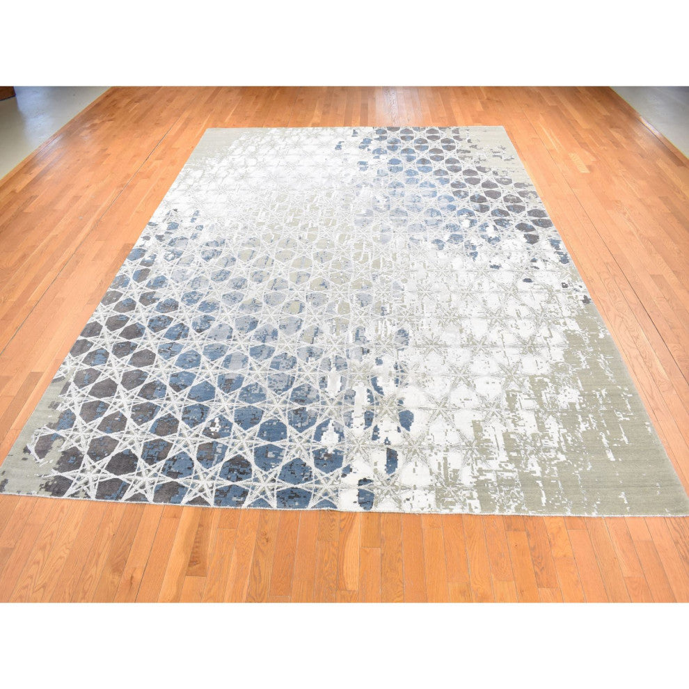 Gray, THE HONEYCOMB Design, Hand Knotted Wool and Silk Rug, 10'x14'1"