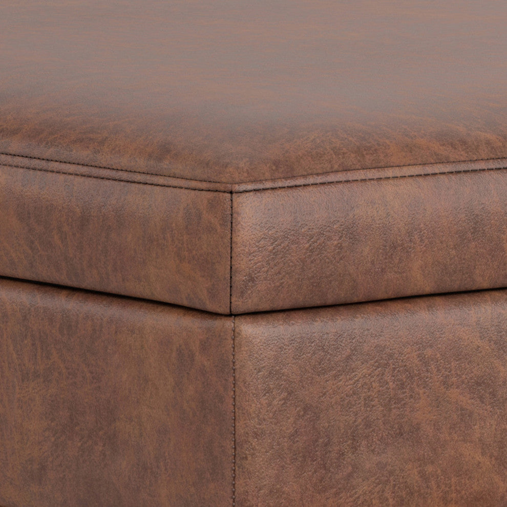Shiloh Square Storage Ottoman, Distressed Saddle Brown Vegan Faux Leather