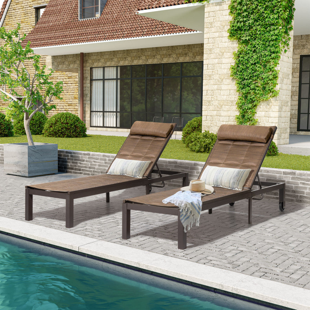 Outdoor Adjustable Quilted Chaise Lounge Chair with Wheels (Set of 2), Brown