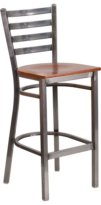 Clear Coated Ladder Back Metal Restaurant Barstool, Cherry Wood Seat