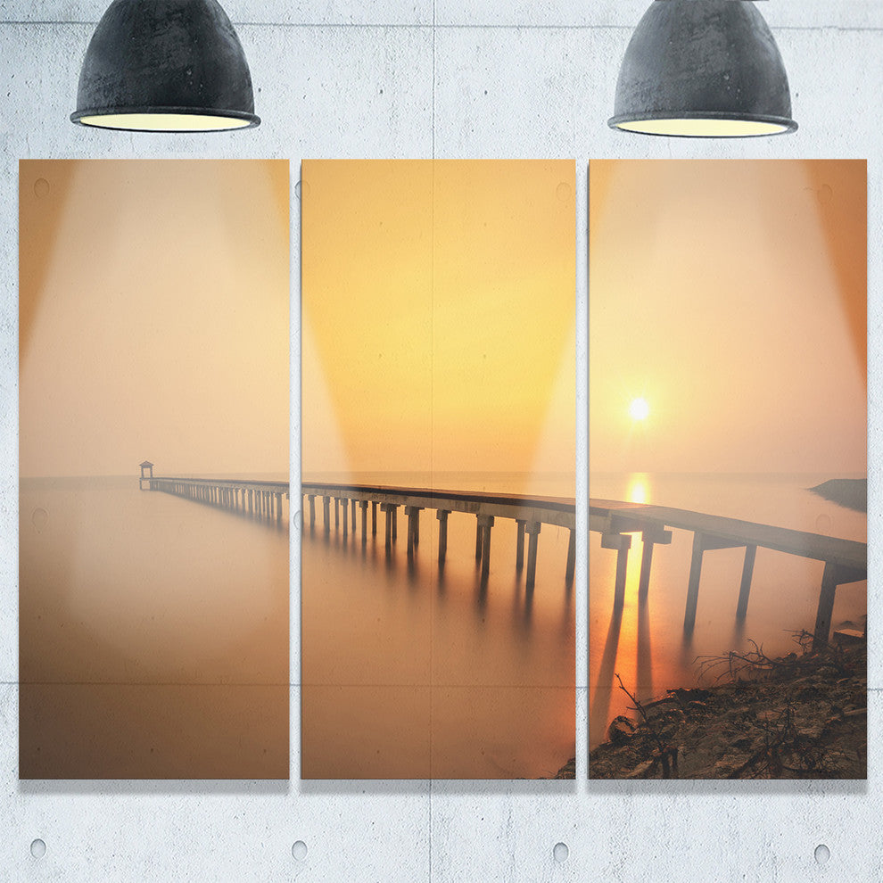 "Old Wooden Pier Long to Evening Sea" Sea PierMetal Wall Art, 3 Panels, 36"x28"