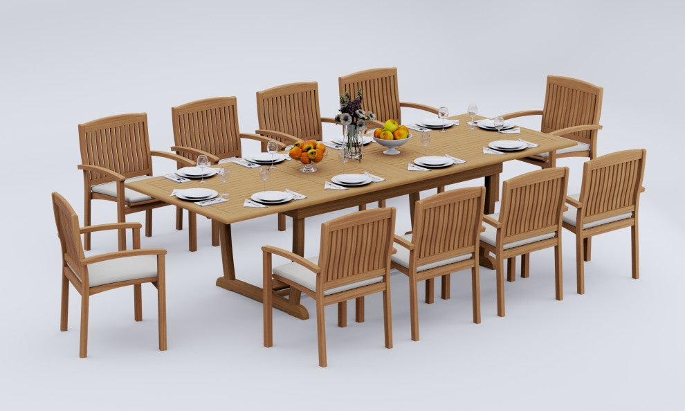 11-Piece Outdoor Teak Dining Set: 117" Rectangle Table, 10 Wave Stacking Chairs