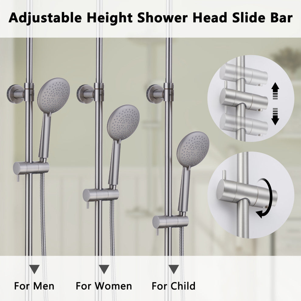 Thermostatic Round Shower Faucet Dual Head Waterfall Shower Bar System, Brushed Nickle