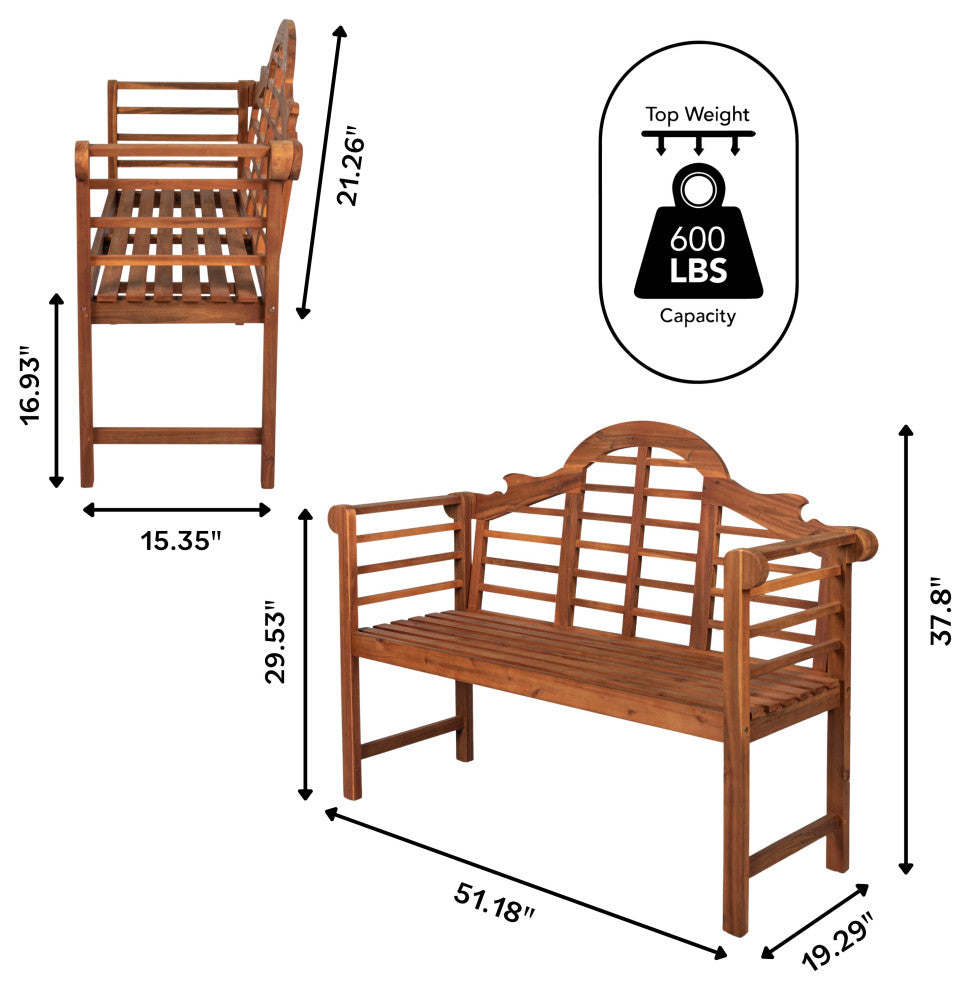 Lutyens 51.2" 3-Seat Arched Acacia Wood Outdoor Garden Patio Bench, Teak