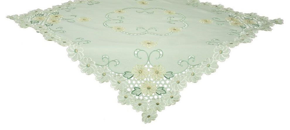 Emerald Daisy Embroidered Cutwork 34"x34" Table Topper