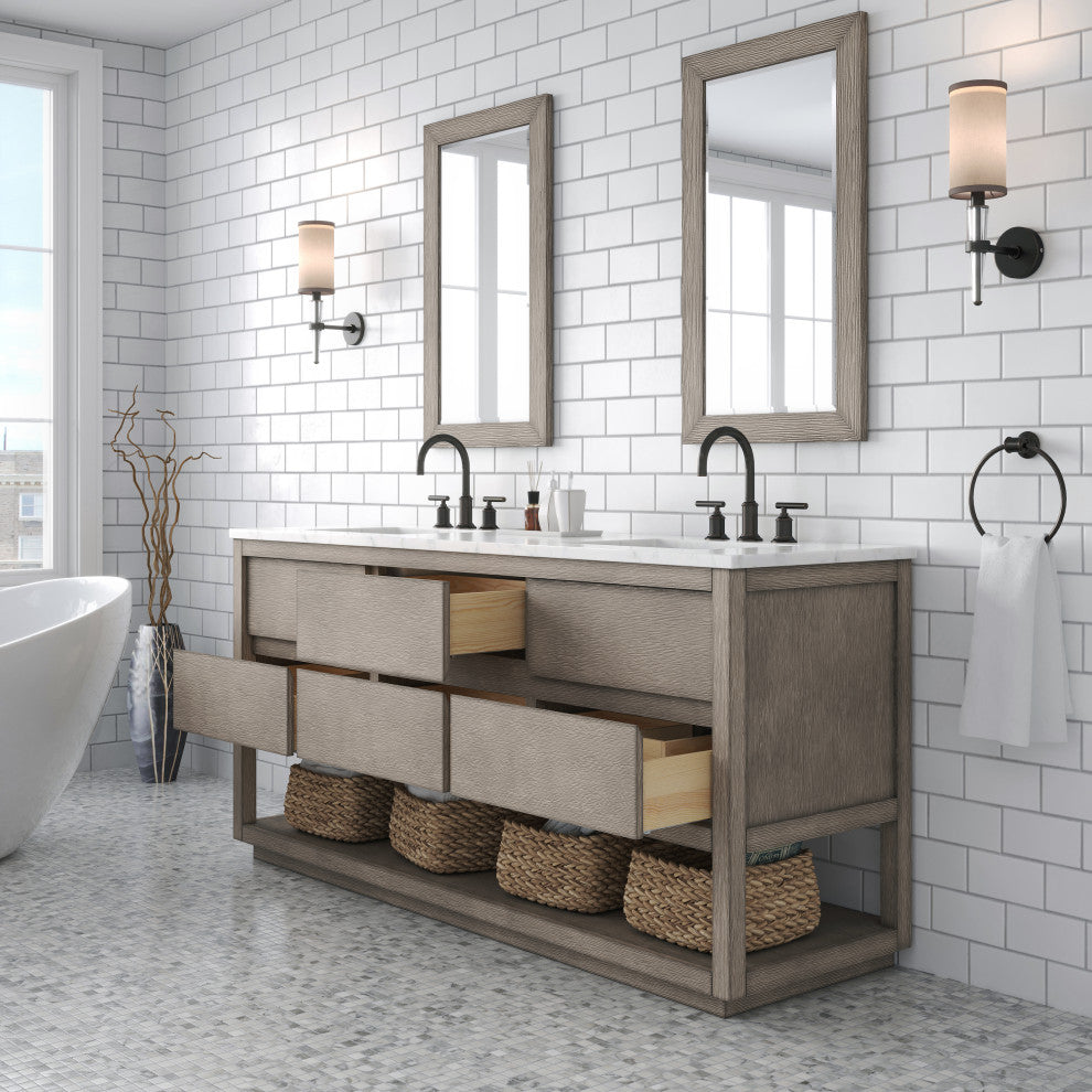 Oakman Marble Top Vanity in Grey Oak, 72", Vanity With Mirror