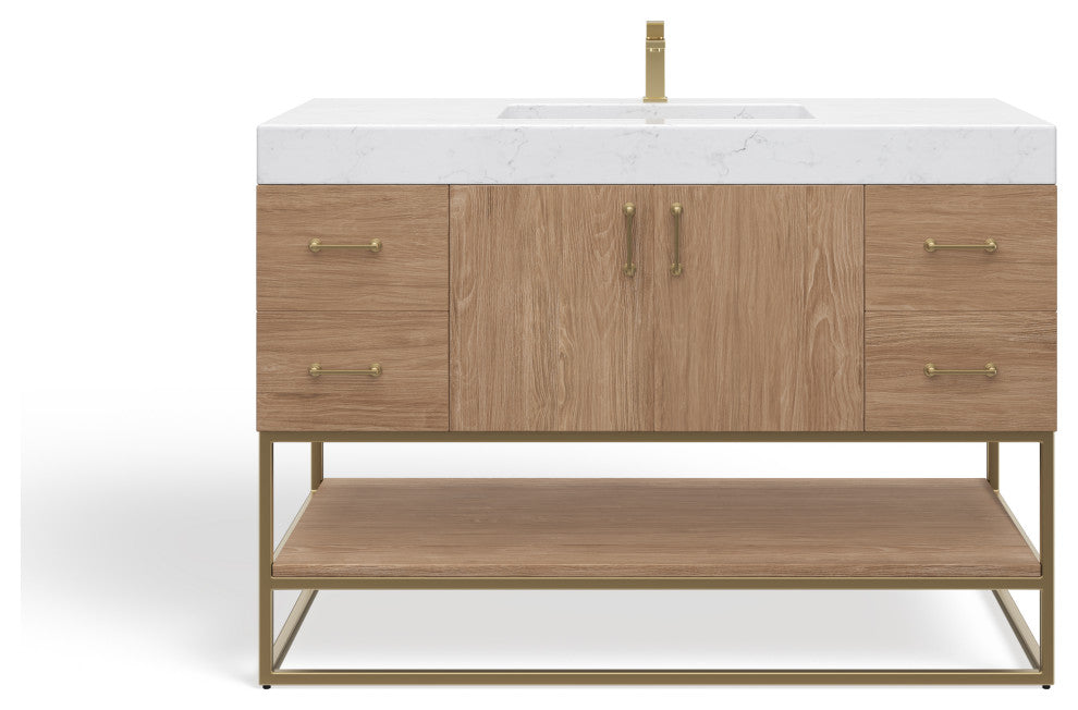Bahia Bath Vanity, Oak, 48", Brushed Gold Hardware, Single, Freestanding