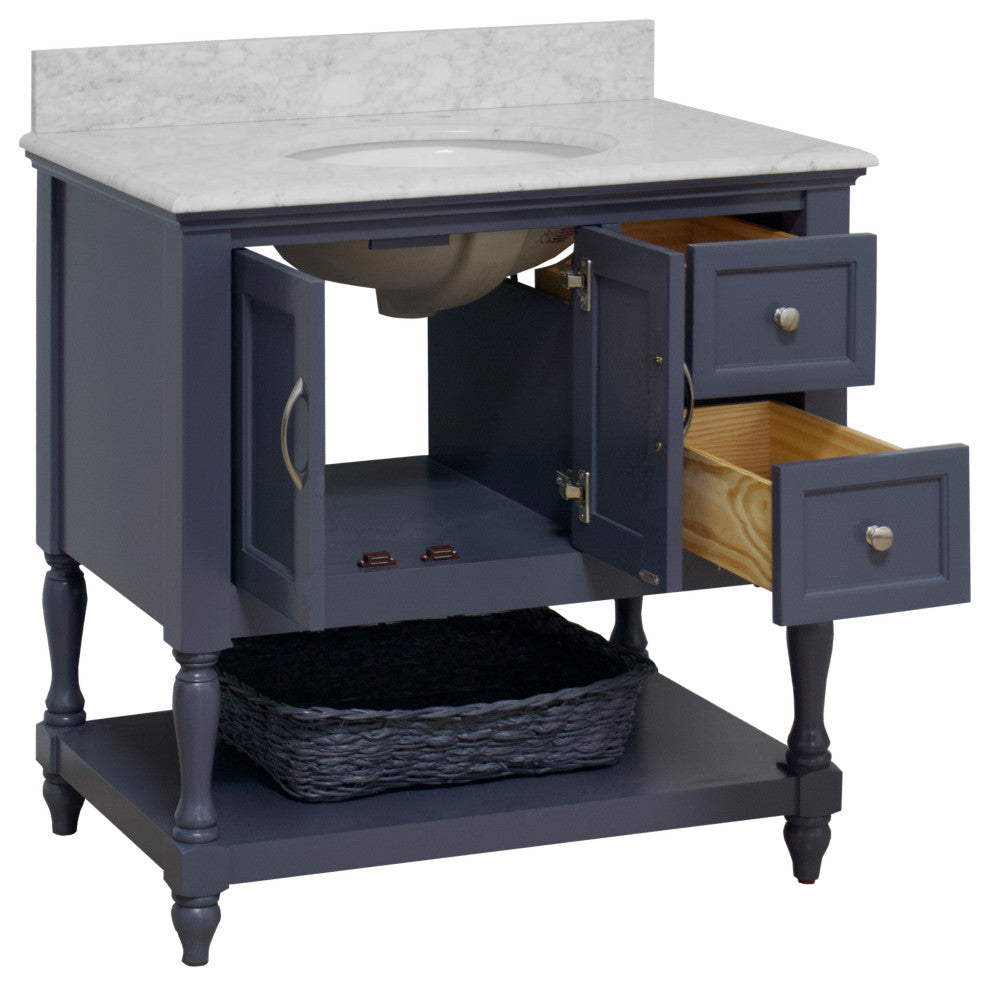 Beverly 36" Bathroom Vanity, Marine Gray, Carrara Marble
